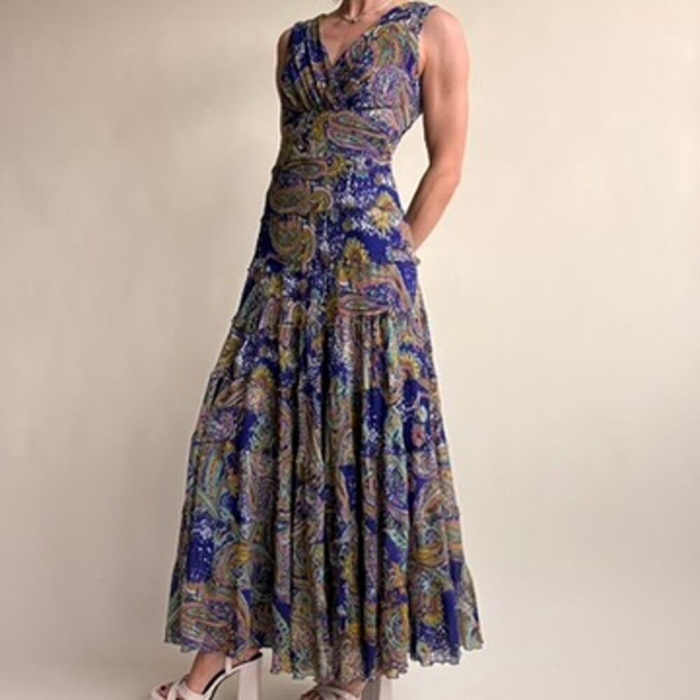 Jones New York Purple Paisley Maxi Dress - Boho, V-Neck, Size 8